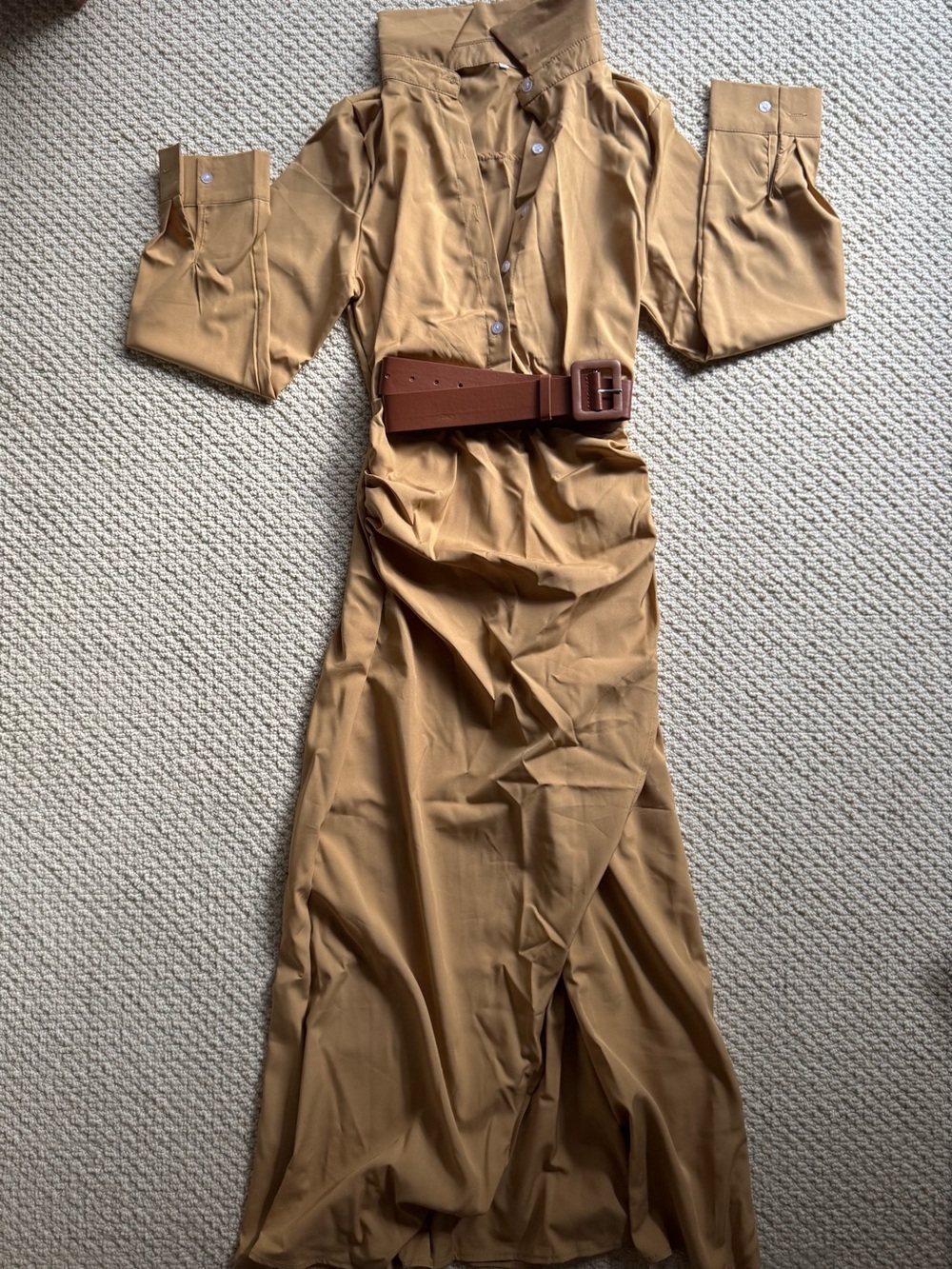 NWOT Long Button-Front Shirt Dress in Camel with Wide Belt
